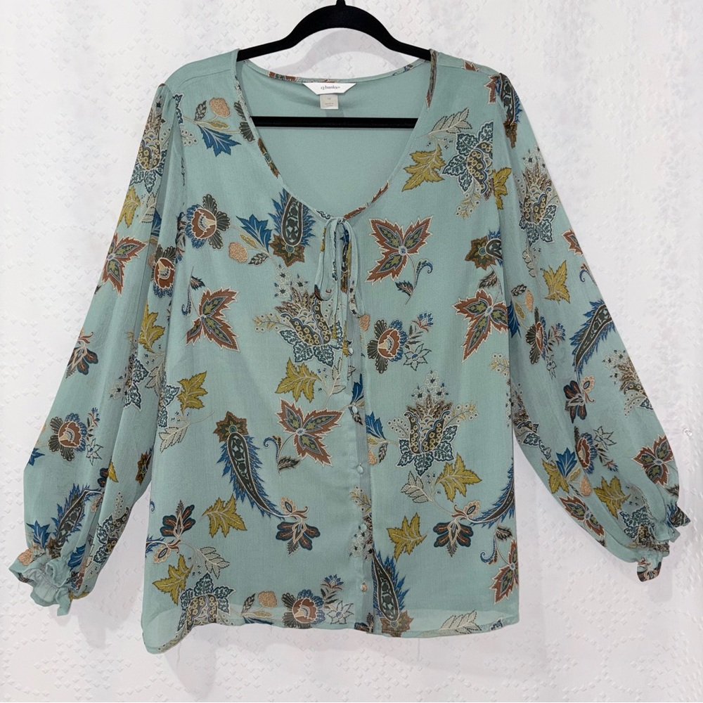 Sheer Floral Boho Blouse Tie Neck Lightweight Peasant Top Greenish Blue Teal